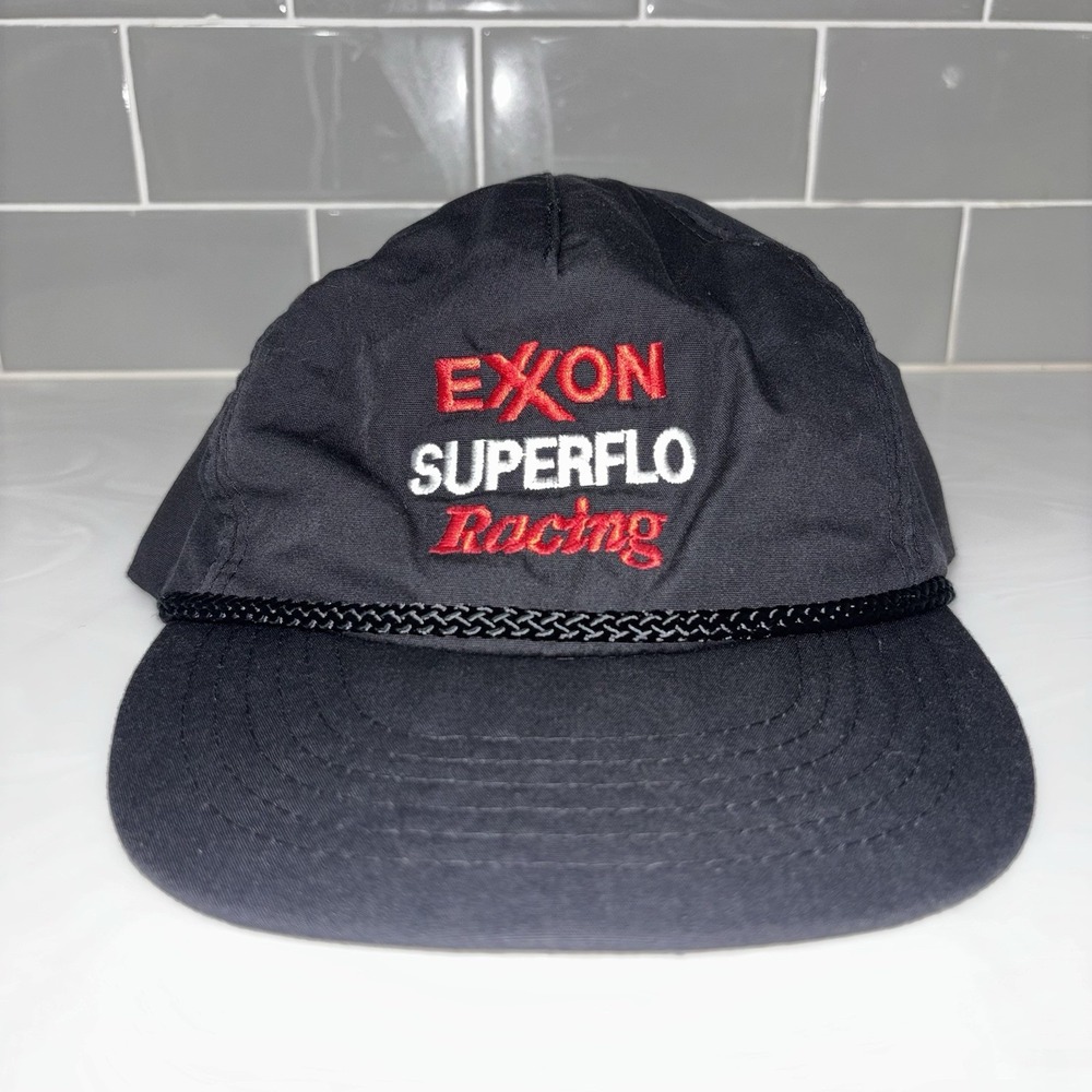 Vintage Exxon Superflo Racing Spell Out Hat Black Snapback Rope Cap Adjustable
